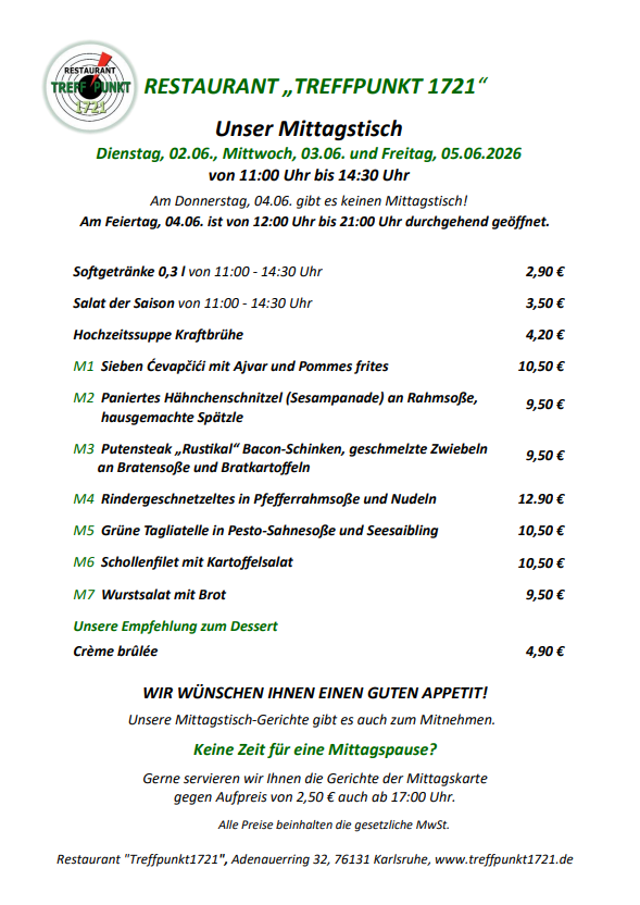 Mittagstisch am Dienstag, 02.06., Mittwoch, 03.06. und Freitag, 05.06.2026 Restaurant Treffpunkt 1721 Mittagstisch am Dienstag, 02.06., Mittwoch, 03.06. und Freitag, 05.06.2026 Restaurant Treffpunkt 1721